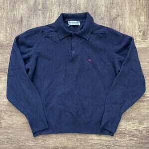 Vintage Burberry Sweater Men's Size M 44 Collared Rugby Polo Blue Lambs Wool